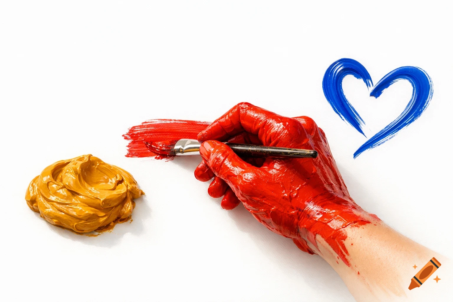 A red paint-covered hand holds a brush, painting a red stroke and blue heart on a white surface next to yellow paint.