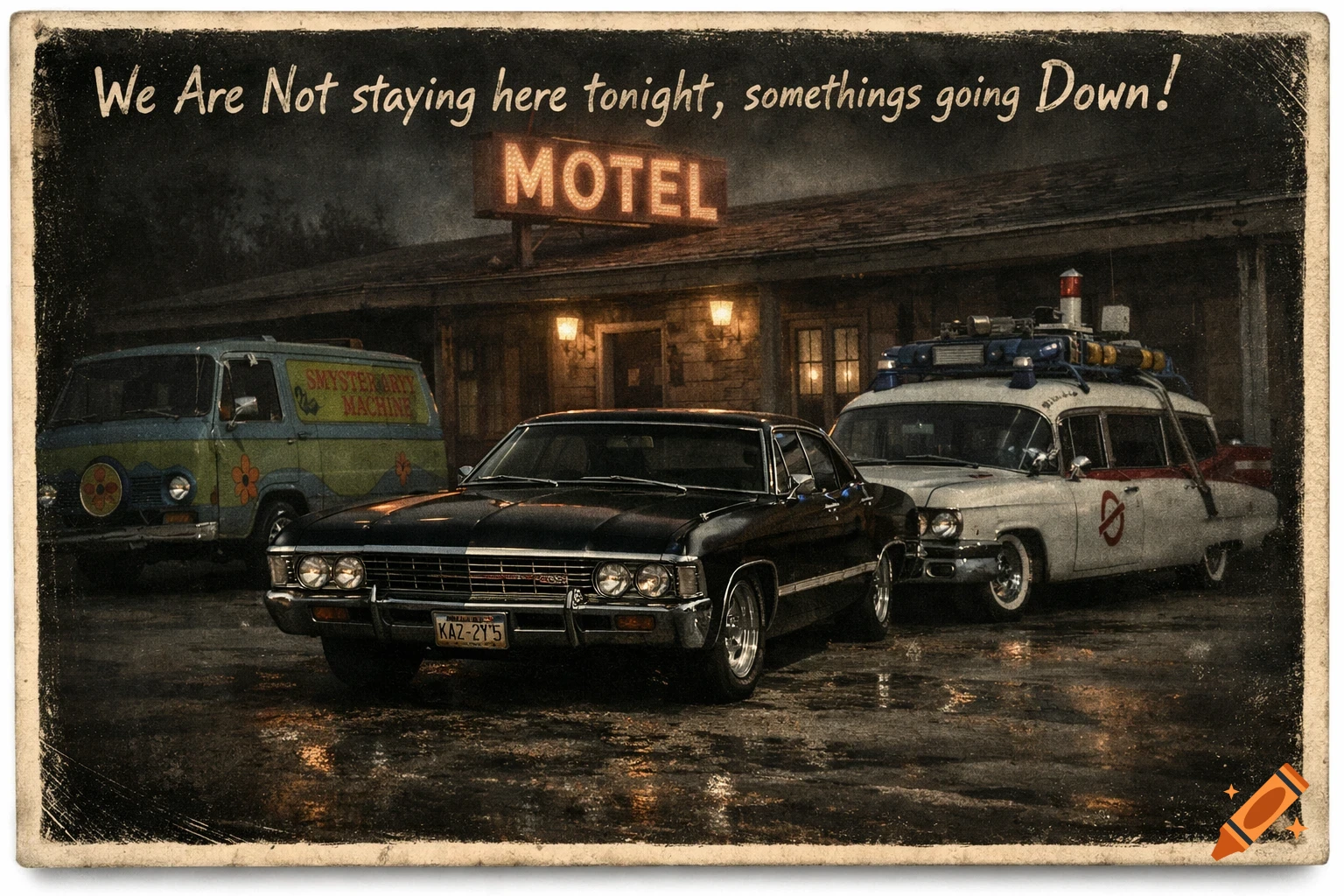 A vintage postcard showing the Mystery Machine, Supernatural Impala, and Ghostbusters Ecto-1 parked outside a motel at night, with text at the top.