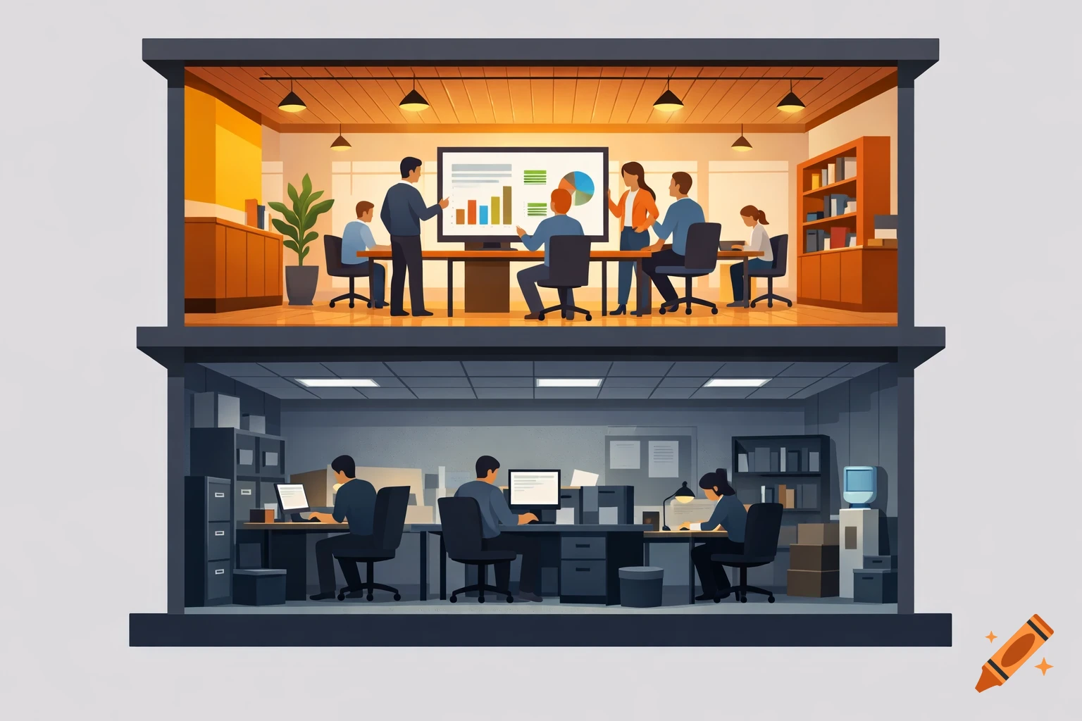 A two-floor cutaway illustration of an office building. The top floor is a bright, modern open workspace with a team collaborating around a screen displaying charts. The bottom floor is a dim, older workspace with a small team working quietly at computers, in a clean minimalist corporate style.