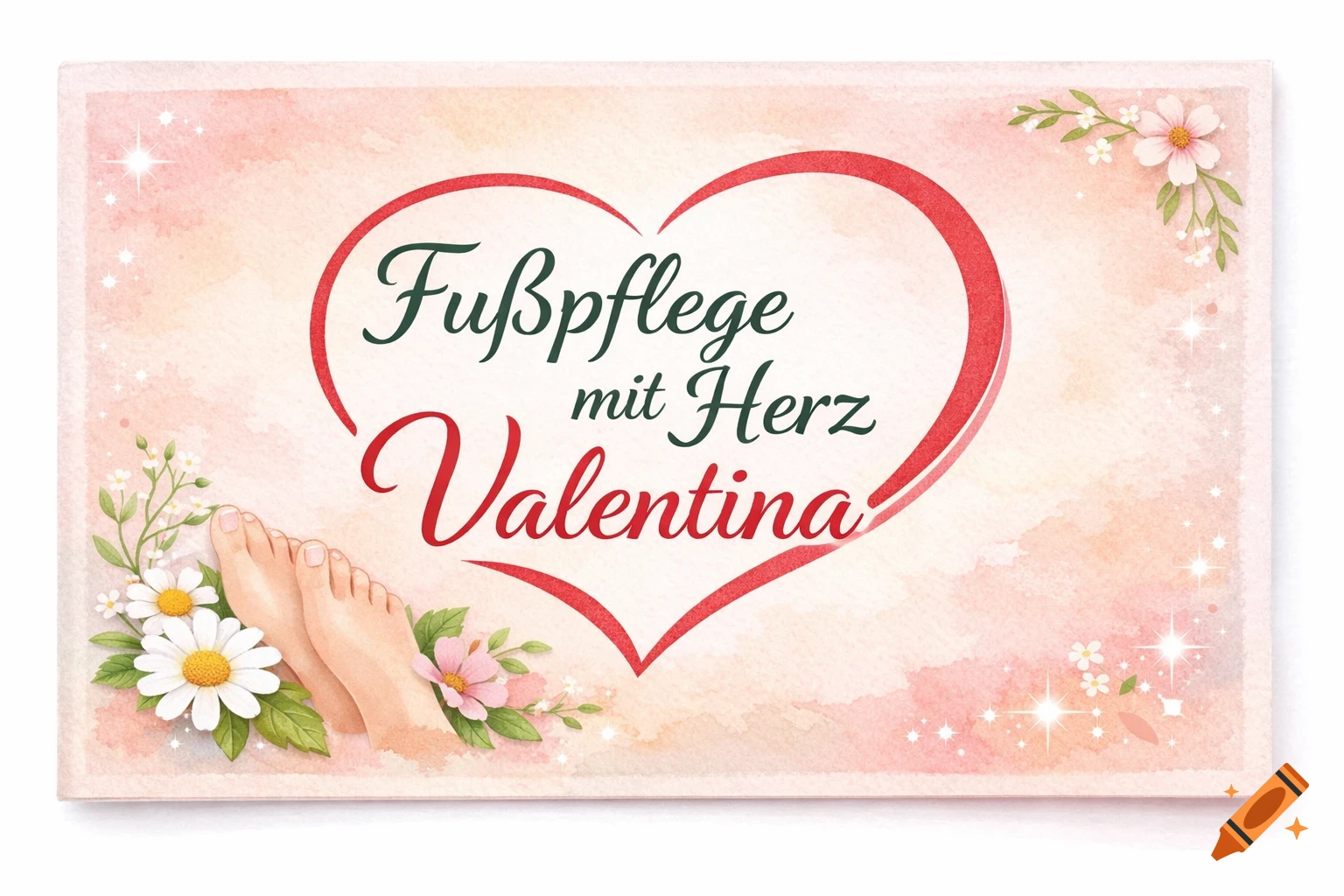 A watercolor-style greeting card with a red heart, German text "Fußpflege mit Herz Valentina," bare feet, and various flowers.