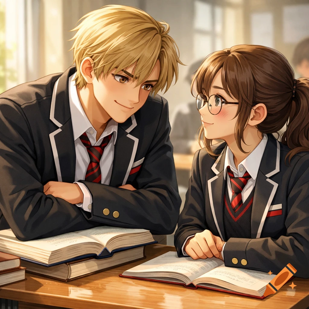 Anime-style illustration of a blond boy in a school uniform smiling at a girl with brown hair and glasses, sitting at a desk with books.