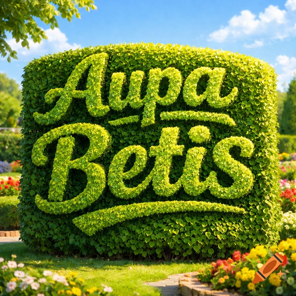 A large, well-manicured hedge in a sunny garden spells out "Aupa Betis" in lush green topiary letters.