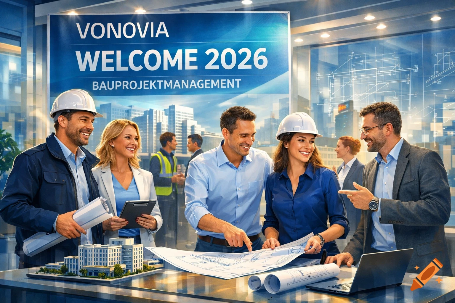 A group of smiling construction and business professionals reviewing blueprints and a building model in a modern office, with a 'Welcome 2026' banner.