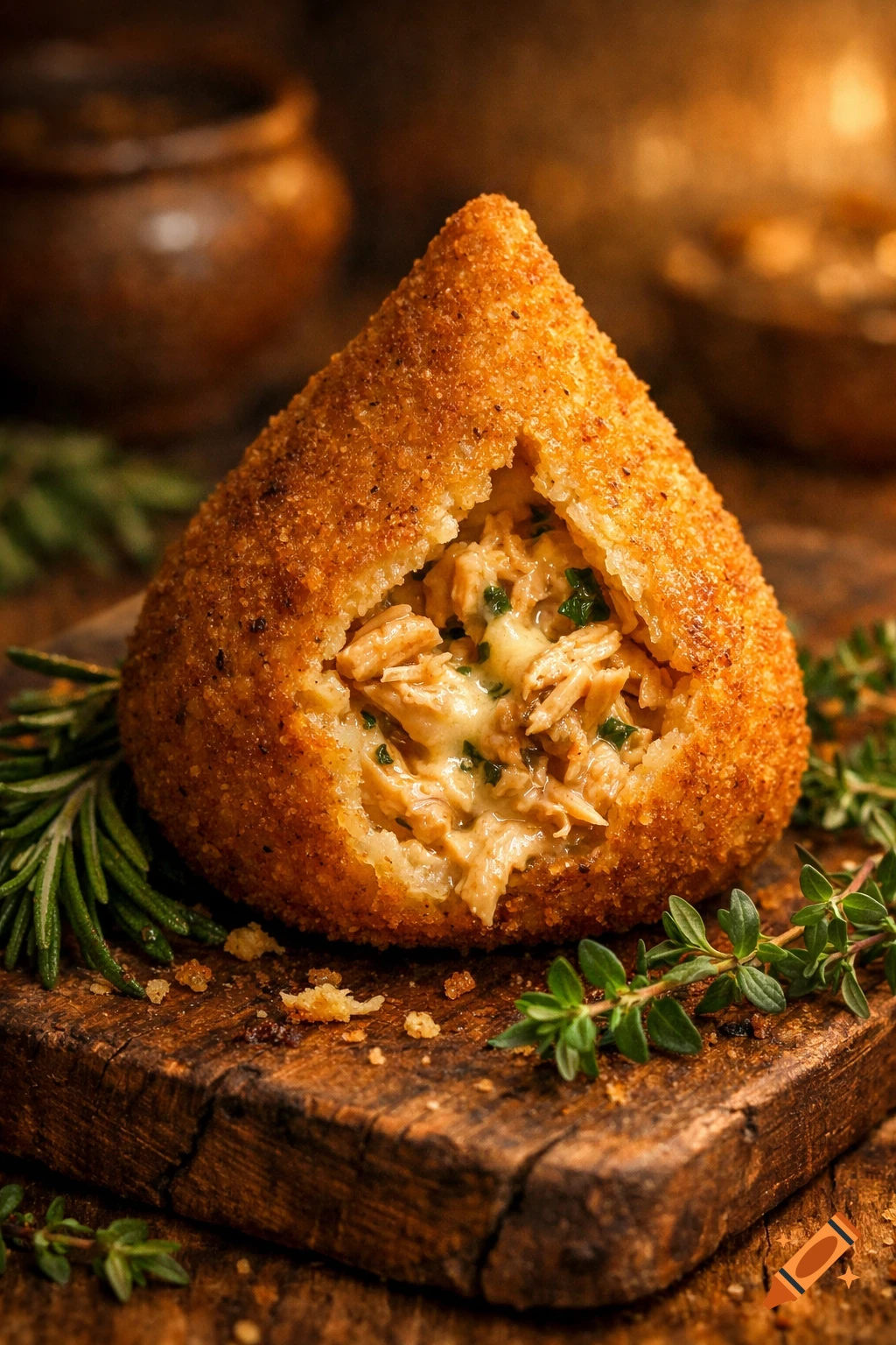 A golden-brown coxinha, a Brazilian chicken croquette, broken open to reveal shredded chicken and cheese filling, on a rustic wooden board with herbs.
