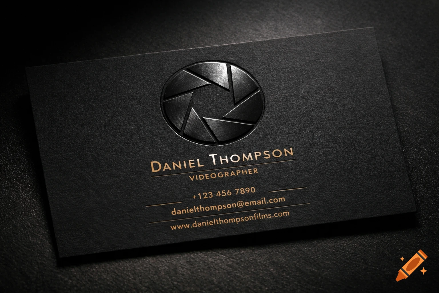 A sleek black business card for Daniel Thompson, a videographer, featuring a camera aperture logo and gold text.