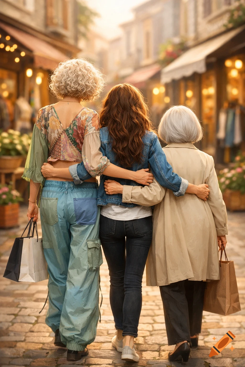 Three women walk arm-in-arm, viewed from behind, down a sunny European cobblestone street lined with glowing boutiques.