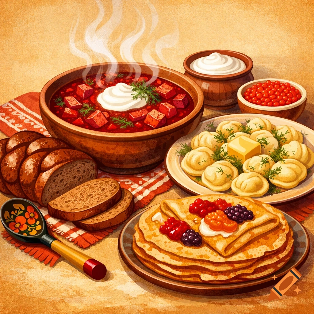 A vibrant illustration of Russian traditional food: borscht, pelmeni, blini, bread, caviar, and sour cream on a table.