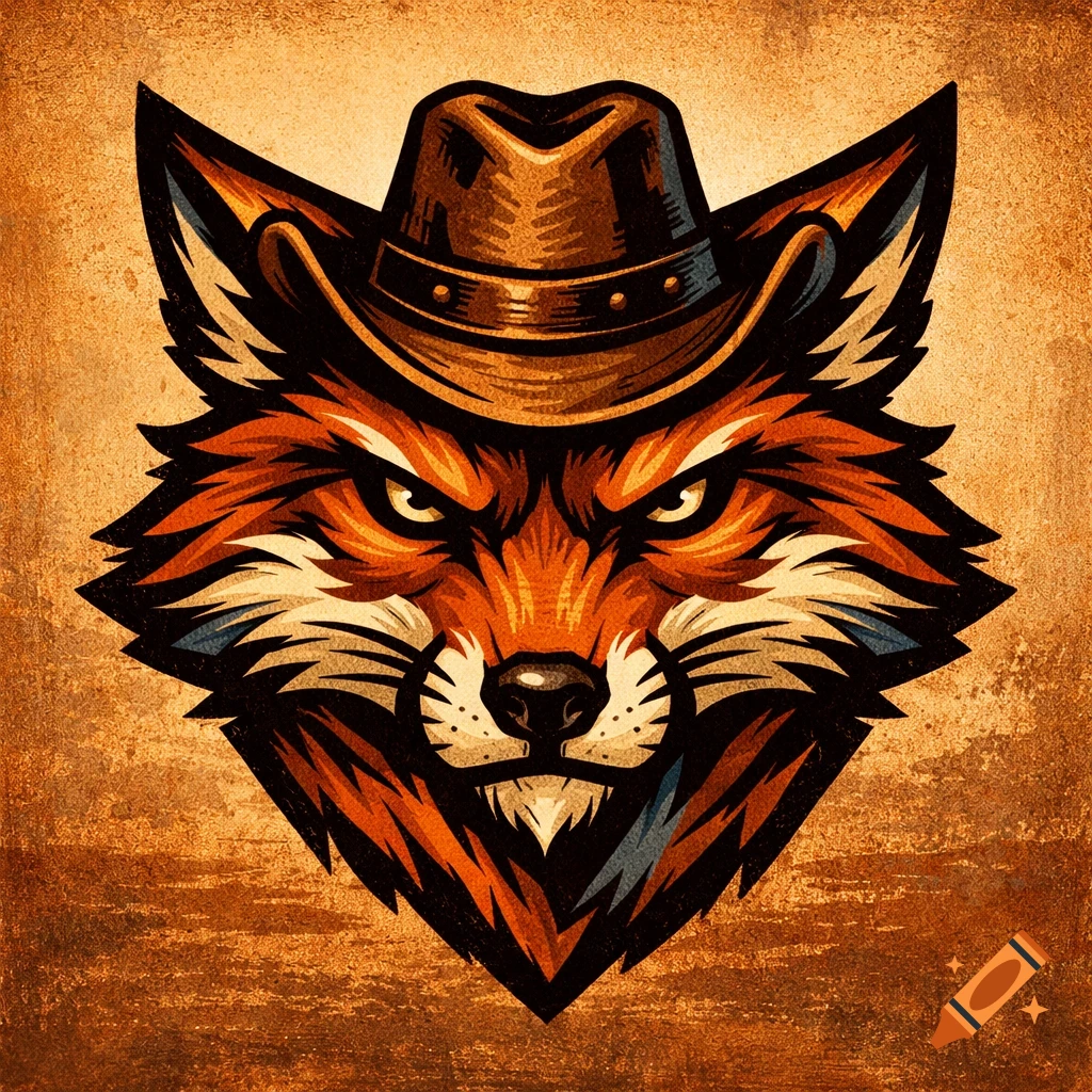 Stylized illustration of an angry red fox head wearing a brown cowboy hat, set against a textured brown background.