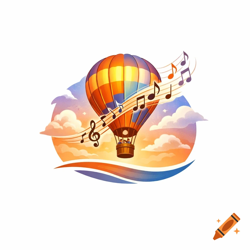 Stylized logo of a colorful hot air balloon flying over clouds with musical notes and a treble clef.