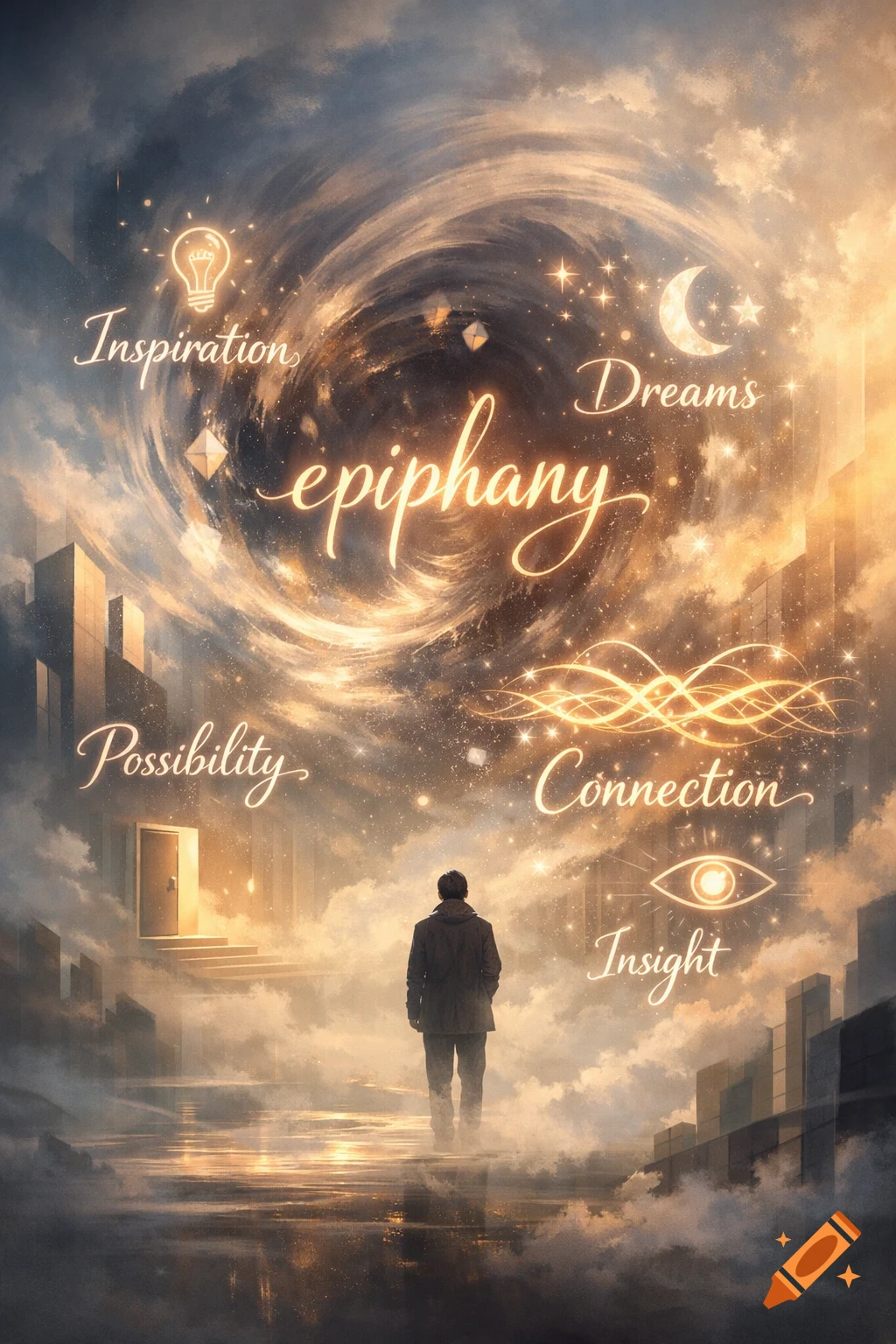 A person stands before a swirling, star-filled sky with glowing words like 'epiphany' and symbolic imagery, in a dramatic fantasy art style.