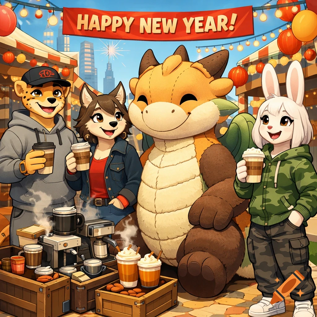 Four anthropomorphic characters ", a cheetah, wolf, dragon, and bunny ", celebrate New Year at a market, holding coffee cups.