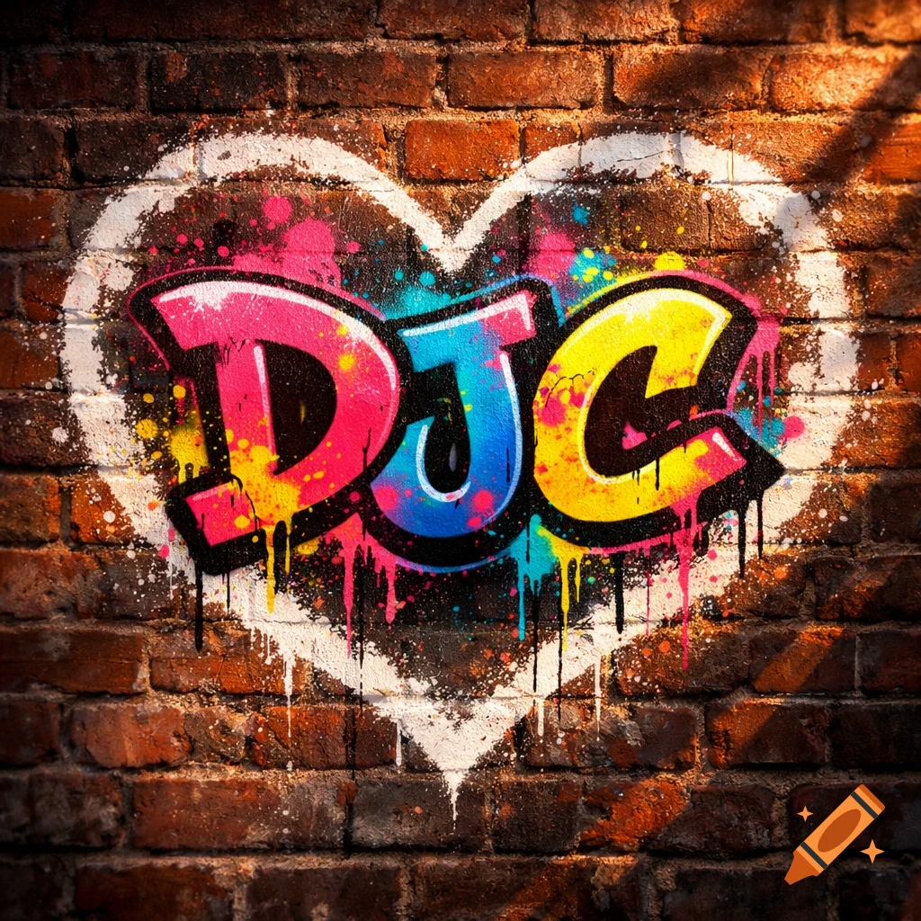 Vibrant graffiti spelling 'DJC' inside a white heart outline on a rustic brick wall.