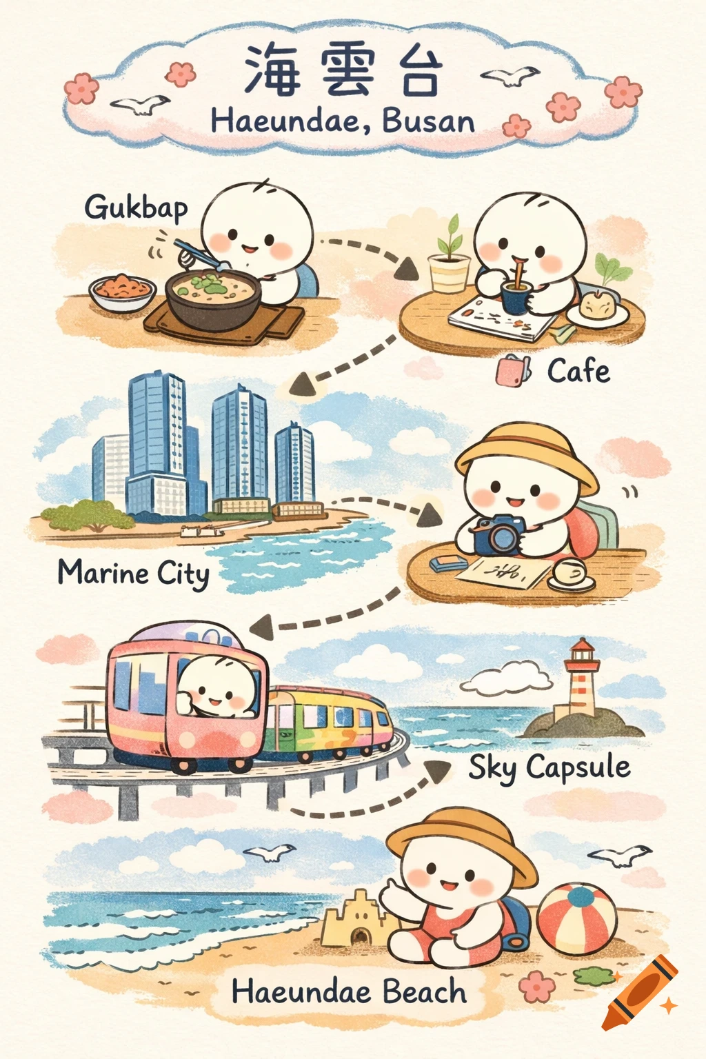 A cute hand-drawn travel map illustration of Haeundae, Busan. Cartoon character explores Gukbap, a cafe, Marine City, a sky capsule, and Haeundae Beach. Soft watercolor style.