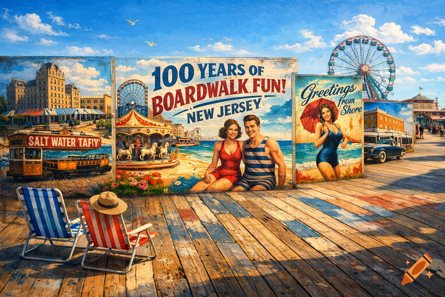 A retro-style mural depicts a vibrant New Jersey boardwalk scene with vintage illustrations, a ferris wheel, and beach chairs.