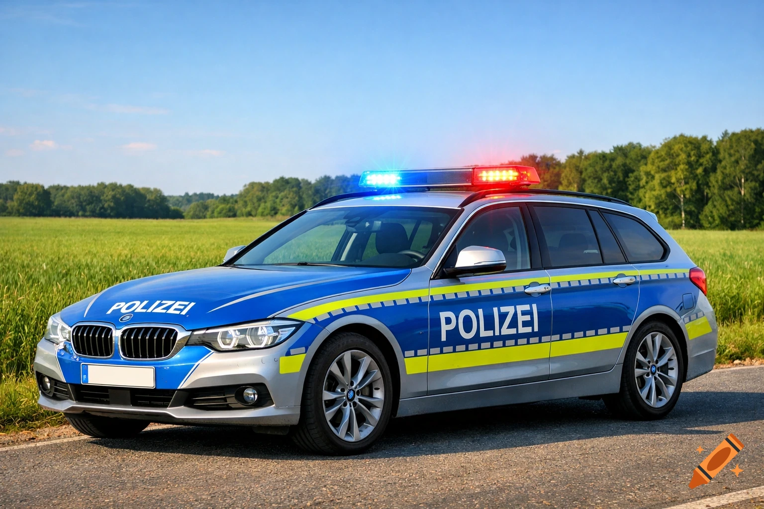 A blue and silver German police station wagon with flashing red and blue lights parked on a road next to a green field and trees under a clear sky.
