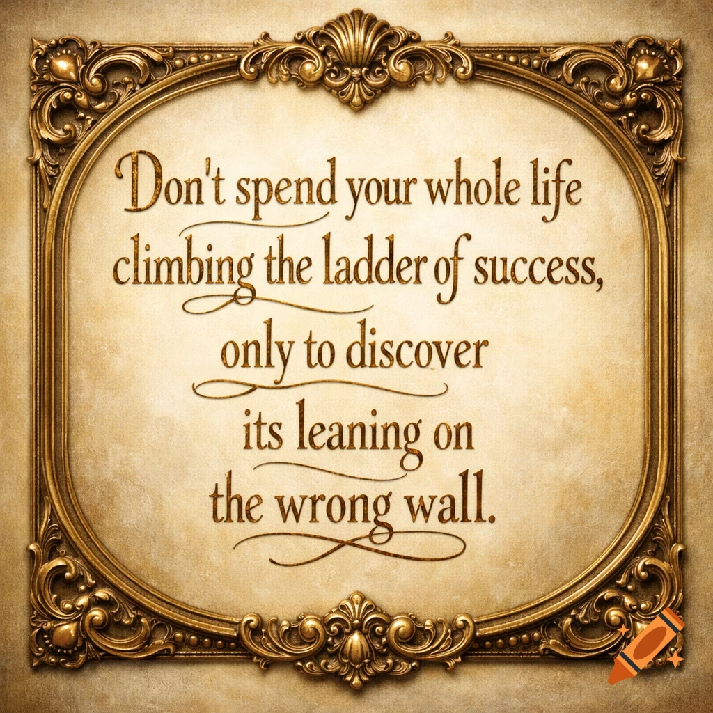 Motivational quote 'Don't spend your whole life climbing the ladder of success, only to discover its leaning on the wrong wall' in an ornate gold frame.