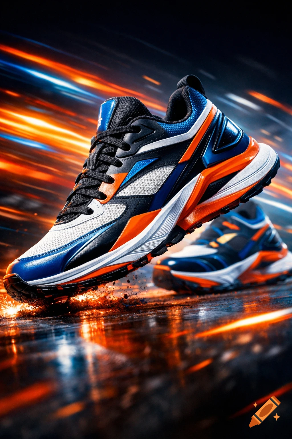 Dynamic shot of black, blue, and orange athletic sneakers, one in motion kicking up sparks on a reflective surface with motion-blurred lights in the background. Photorealistic style.