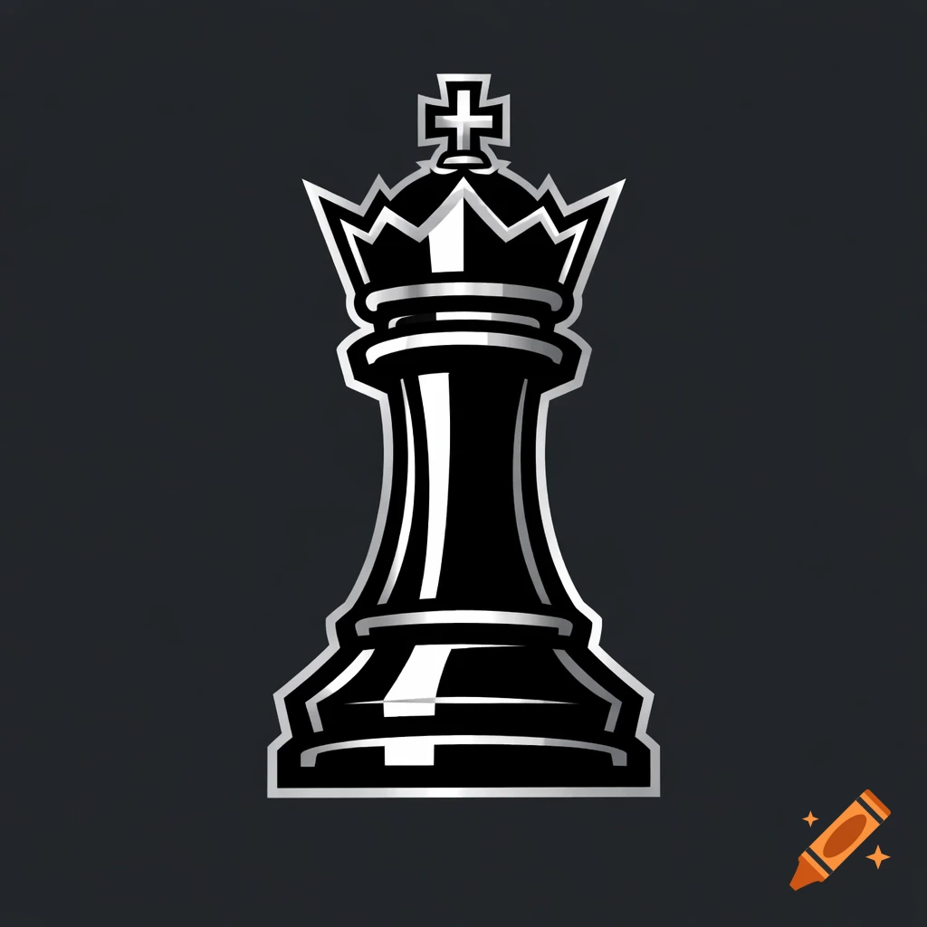 A stylized black and white chess king piece logo with bold outlines on a dark gray background.