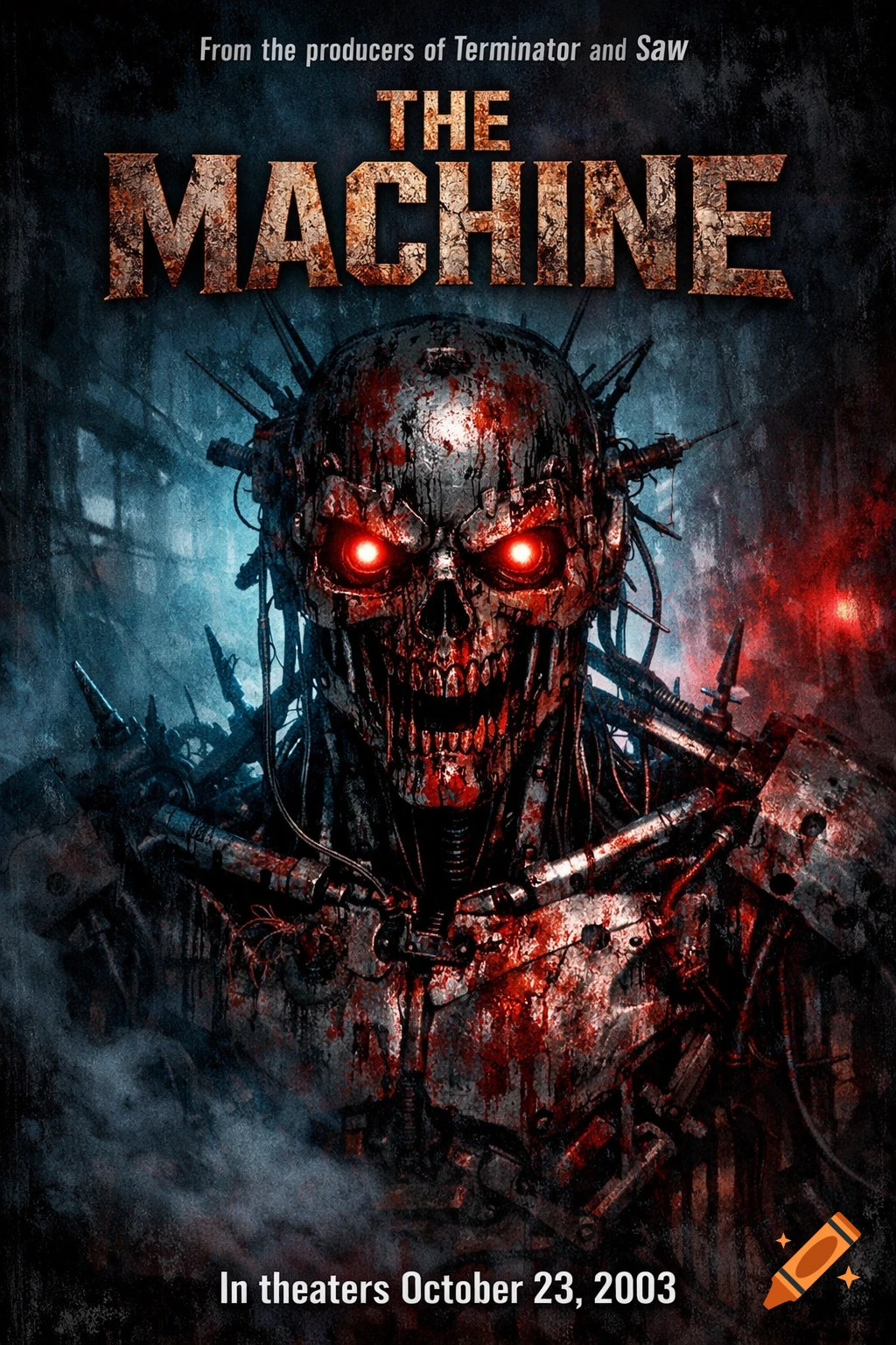 Horror movie poster for 'The Machine' featuring a blood-splattered skeletal cyborg with glowing red eyes amidst smoke.