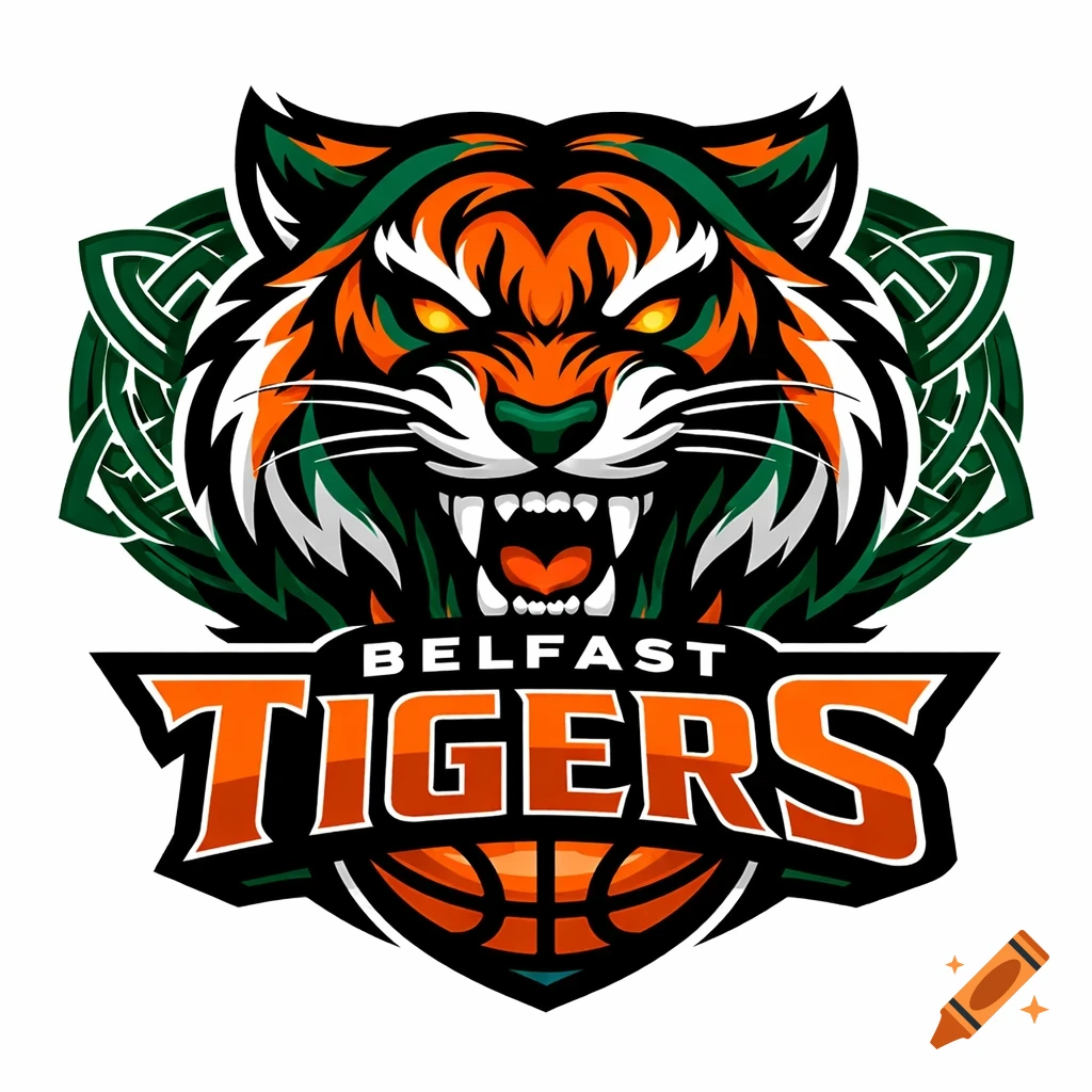 A fierce orange and black tiger head logo with green Celtic knots, text 'BELFAST TIGERS', and a basketball.