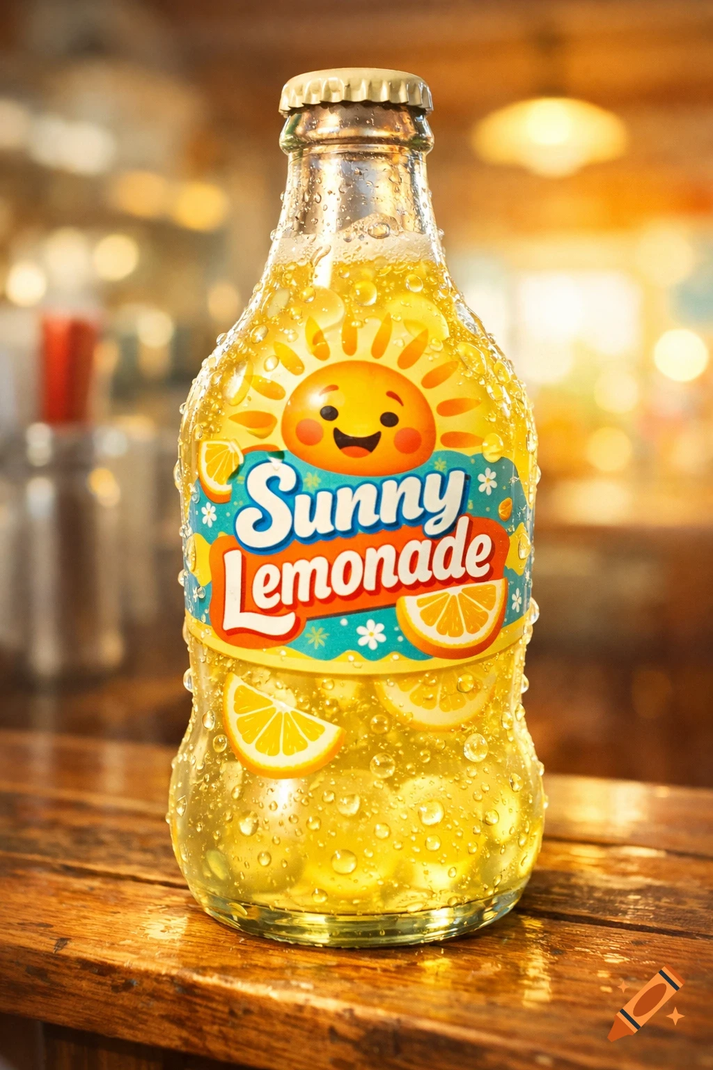 A sweating bottle of 'Sunny Lemonade' with a smiling sun on the label, sits on a wooden table in a bar setting.