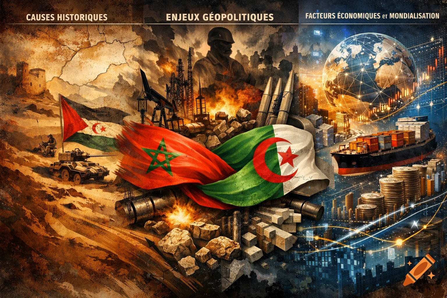 Morocco and Algeria flags intertwined with scenes of desert conflict, military, oil industry, and global economic elements.