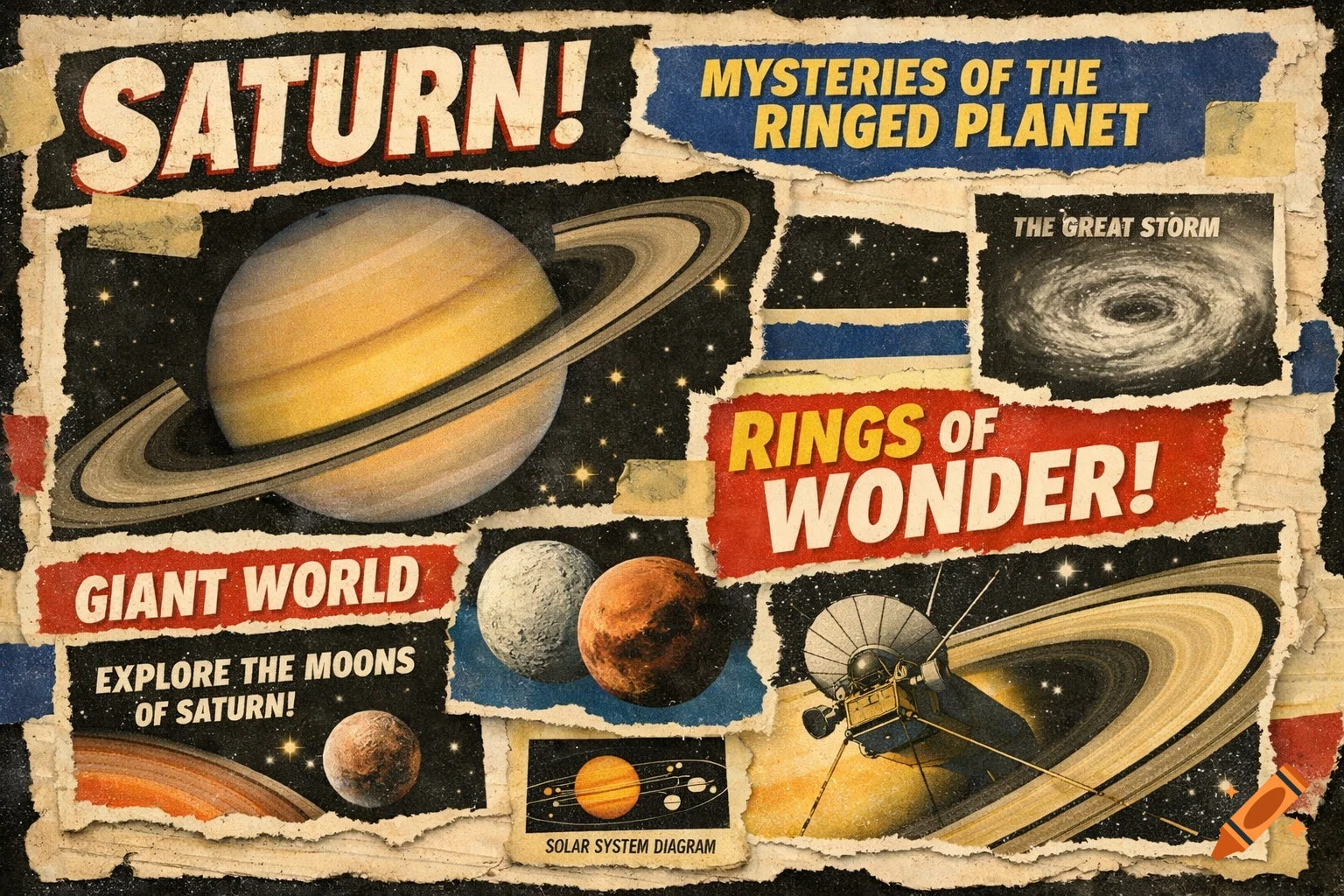 A vintage-style magazine collage about Saturn, featuring the planet, moons, a spacecraft, and text on torn paper sections.
