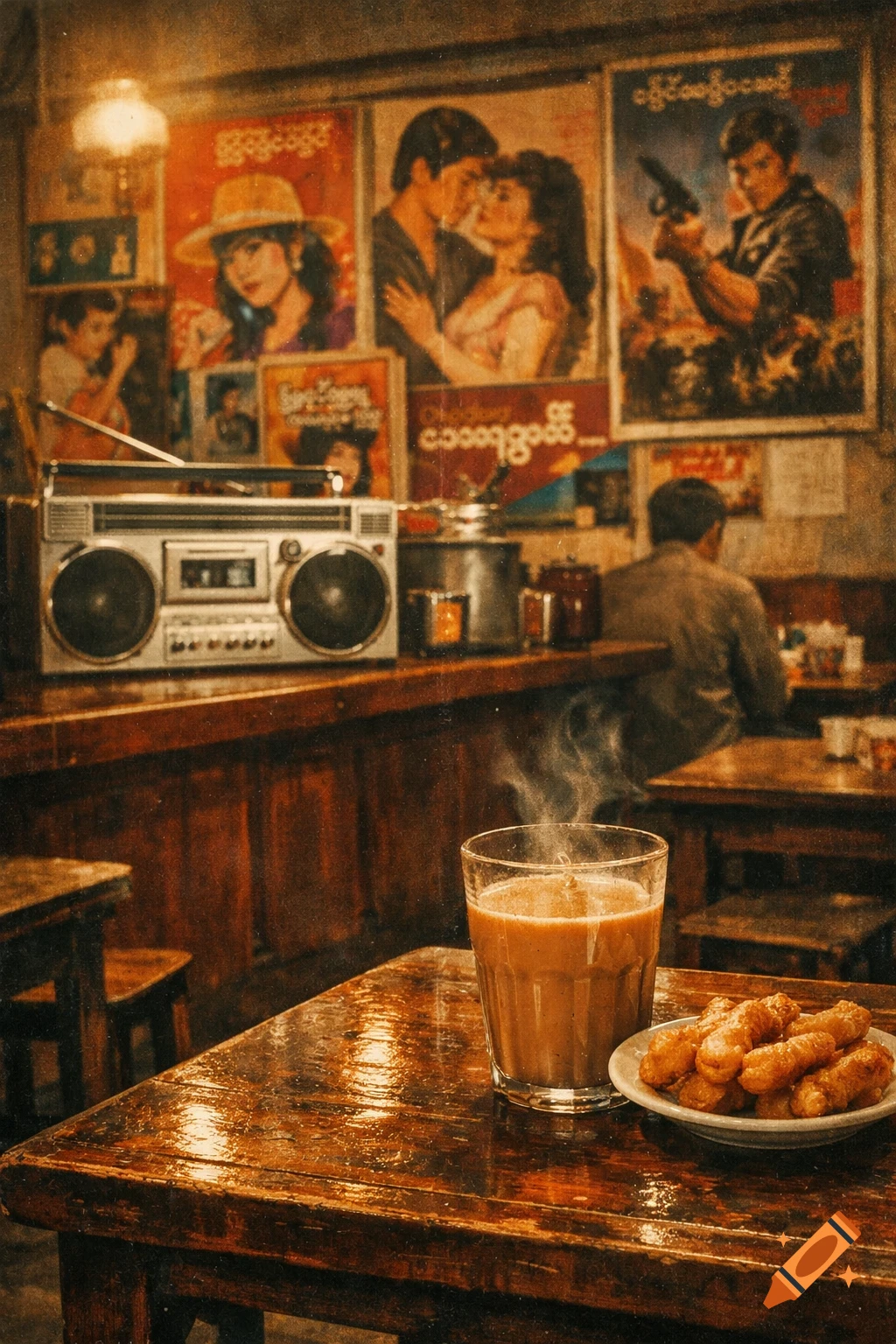 A nostalgic retro-style Burmese tea shop with steaming milk tea and e-kyar-kway on a wooden table, surrounded by vintage posters.