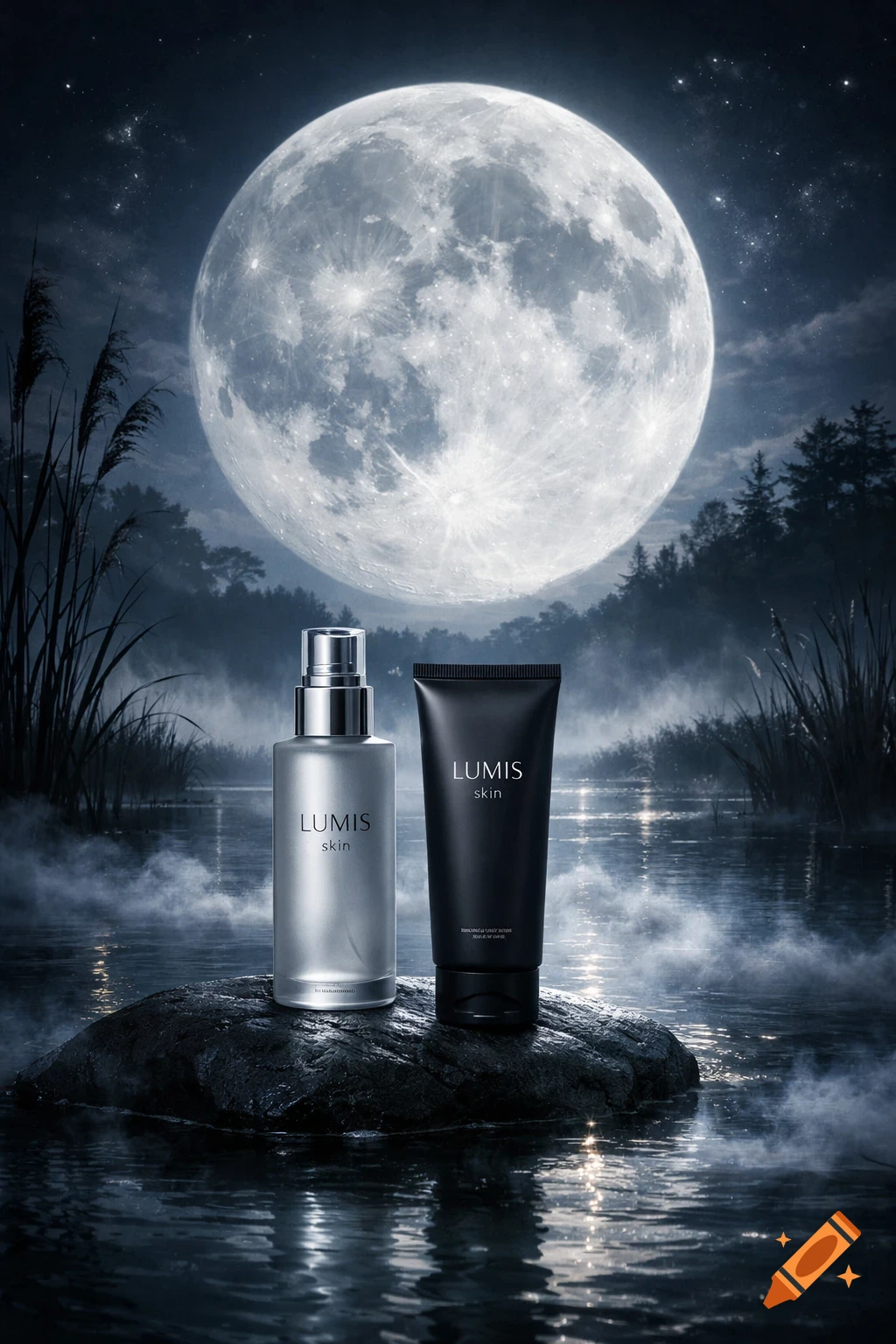 Two skincare products, a silver bottle and a black tube, on a rock in a marsh at night under a huge full moon, with fog and reflective water.