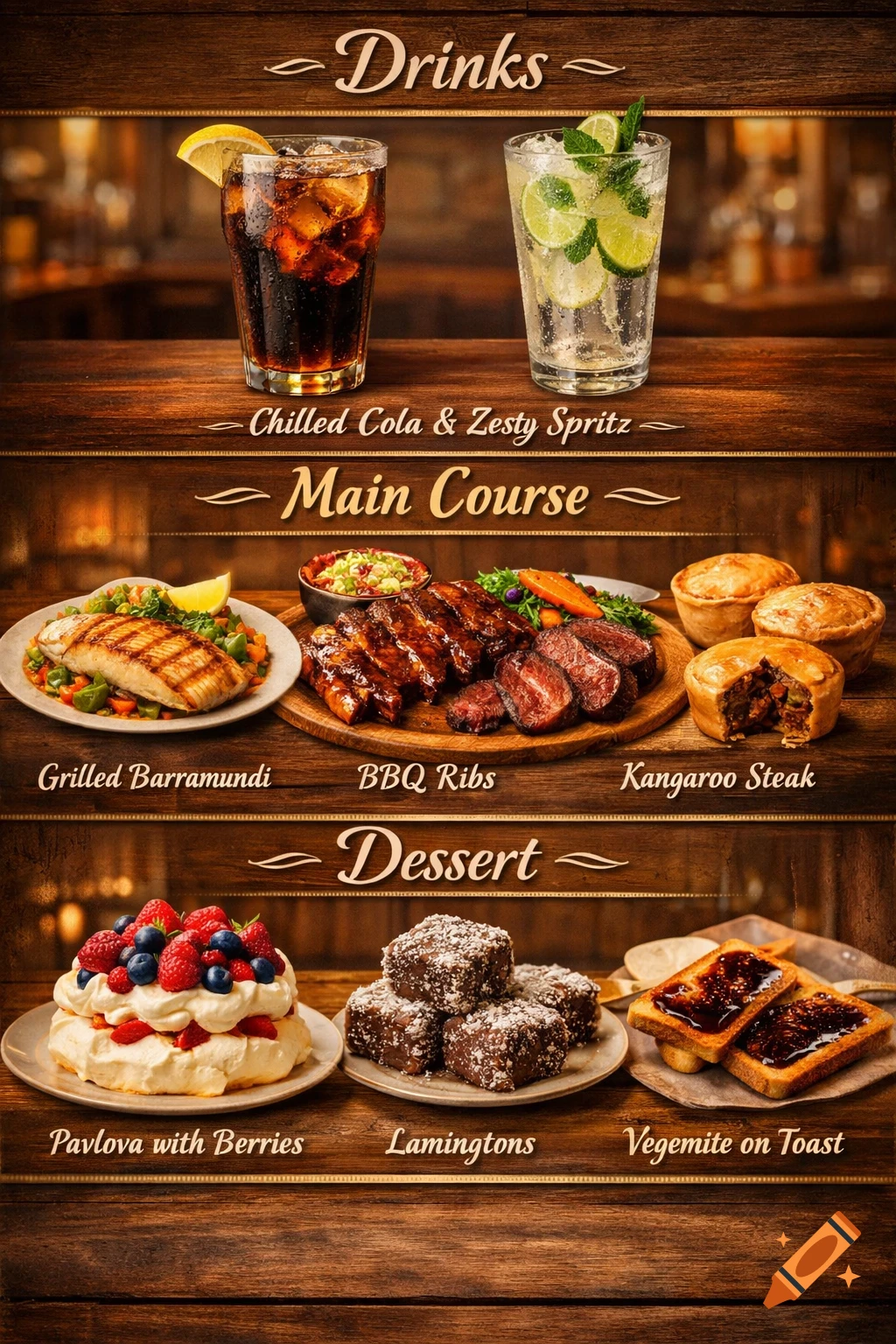 A photorealistic menu card displaying drinks, main courses, and desserts on a rustic wooden background. Items include cola, spritz, grilled barramundi, BBQ ribs, kangaroo steak, pavlova with berries, lamingtons, and vegemite on toast.