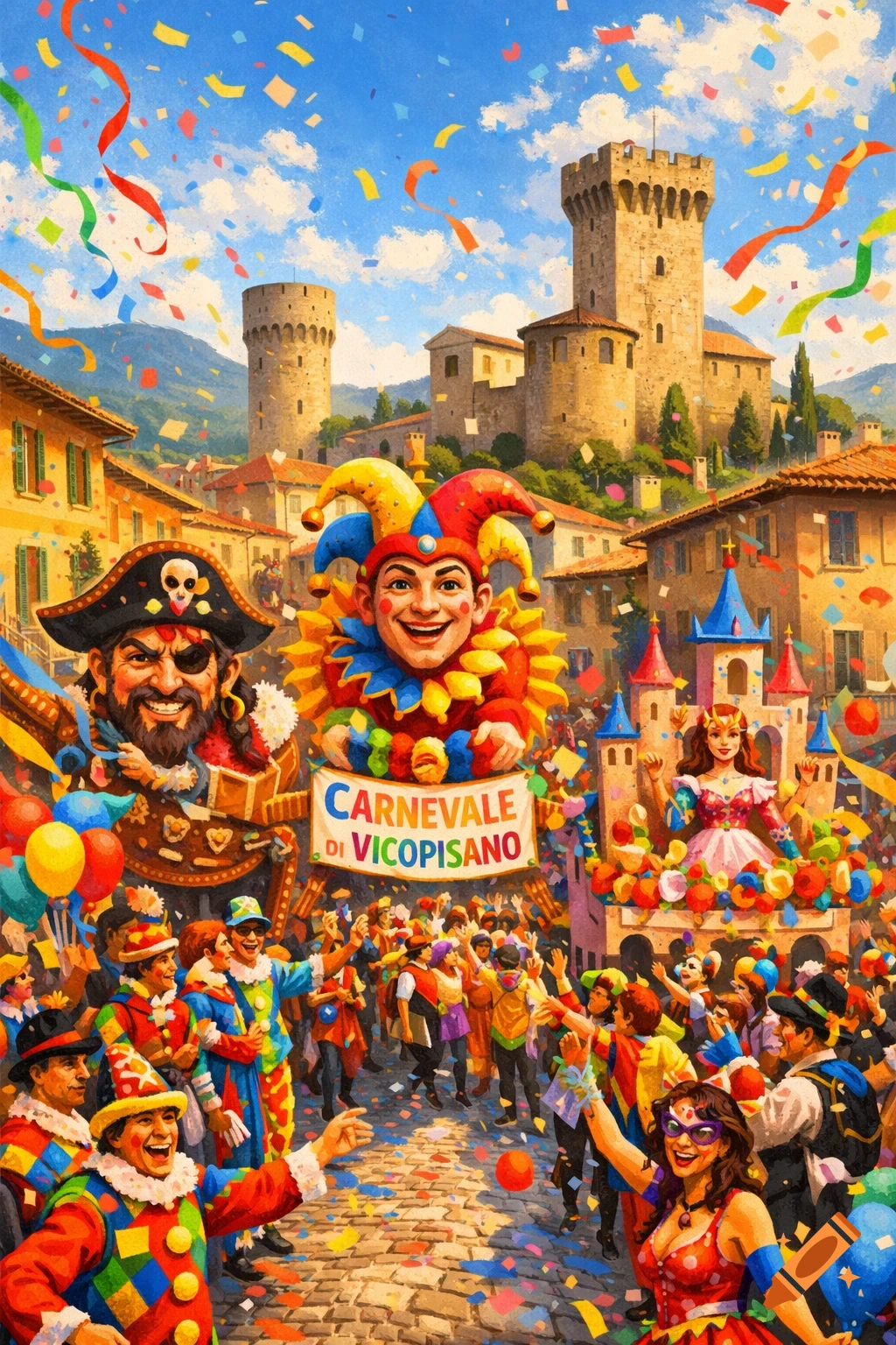 Vibrant oil painting of a carnival parade with costumed revelers, floats, confetti, and historic Italian town towers.