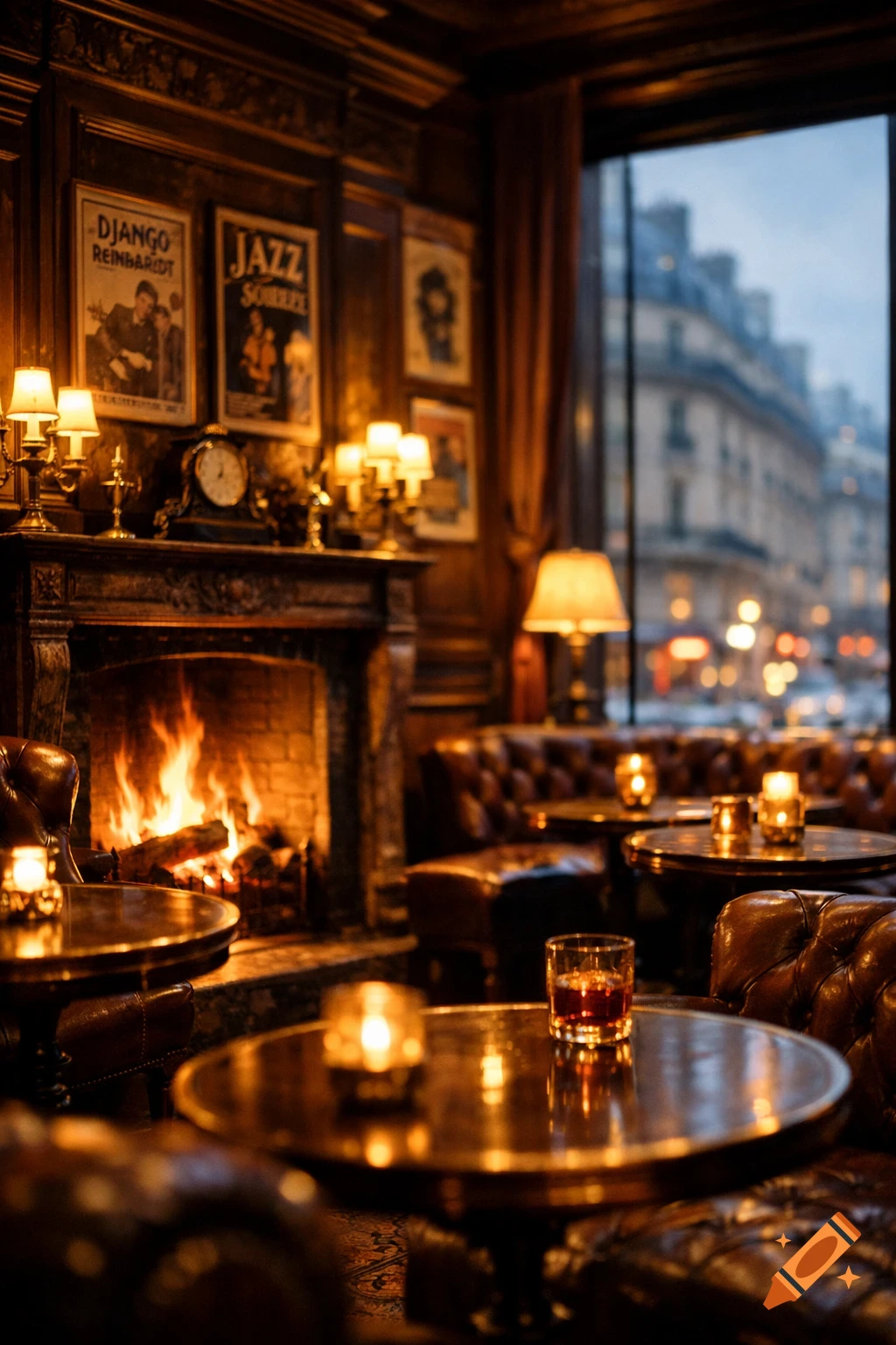 A photorealistic image of a cozy, elegant jazz cafe interior with a fireplace, leather seating, and a view of a Paris street.