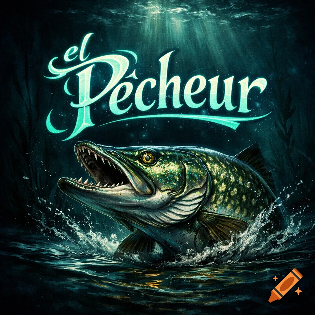 A dynamically illustrated close-up of a green pike with sharp teeth, leaping out of dark water, with 'el Pêcheur' text above.