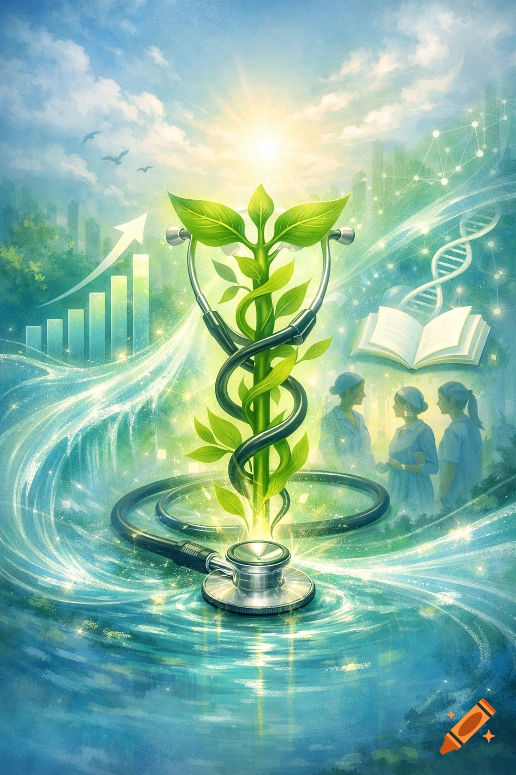 A vibrant illustration of a stethoscope entwined with a green plant, symbolizing healthcare, sustainability, and growth, with nurses, a book, and DNA in the background.