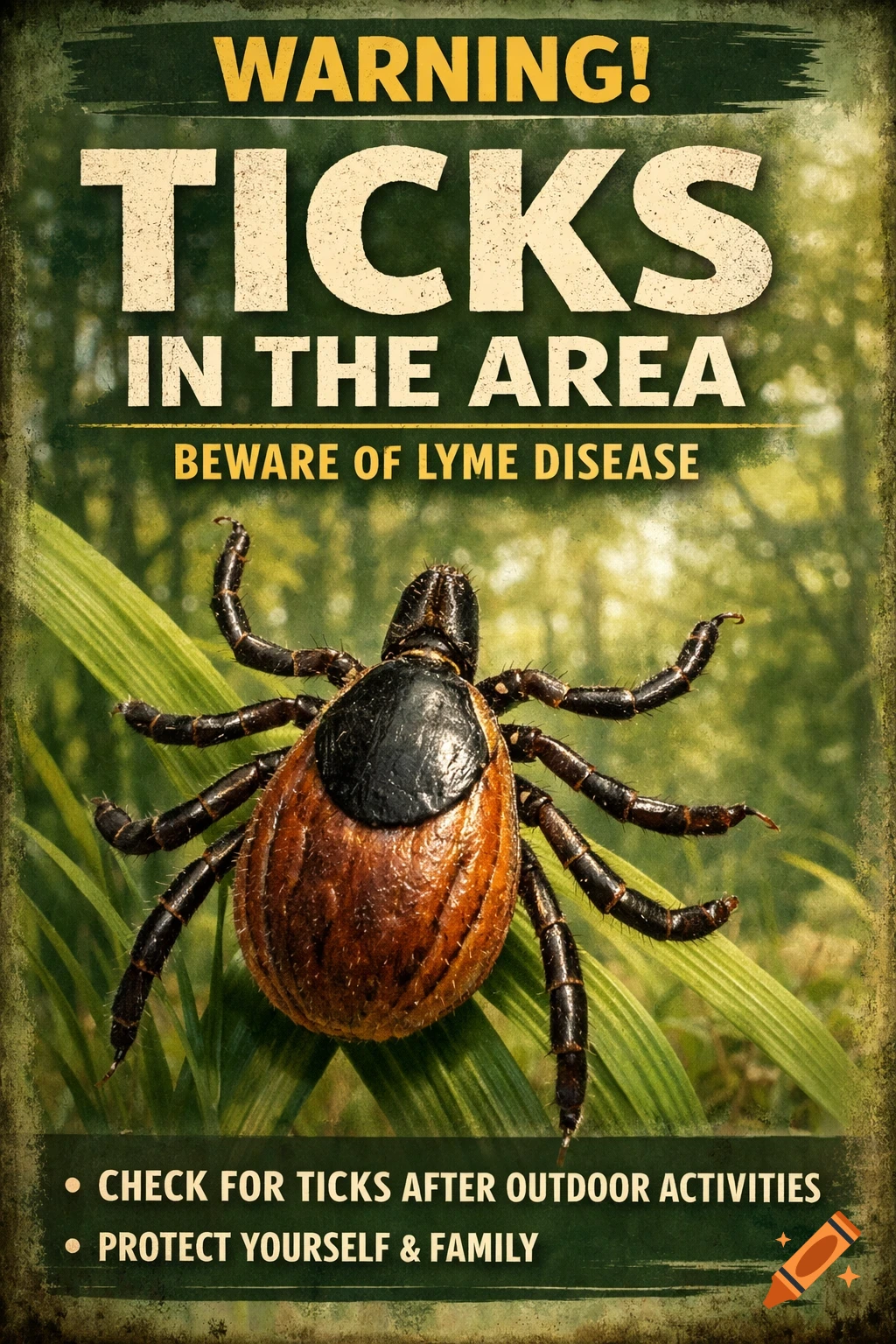 A vintage-style public health warning poster about ticks and Lyme disease, featuring a large realistic tick on green grass.