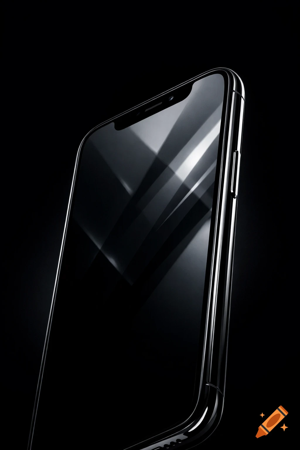 A close-up, low-angle shot of a sleek black iPhone X, featuring a reflective screen and shiny metal edges, against a dark background.