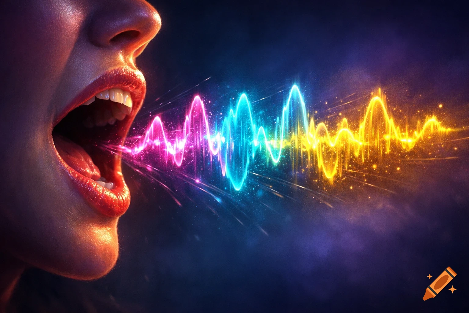 Close-up of an open mouth with red lips emitting glowing, colorful sound waves against a dark, starry background.