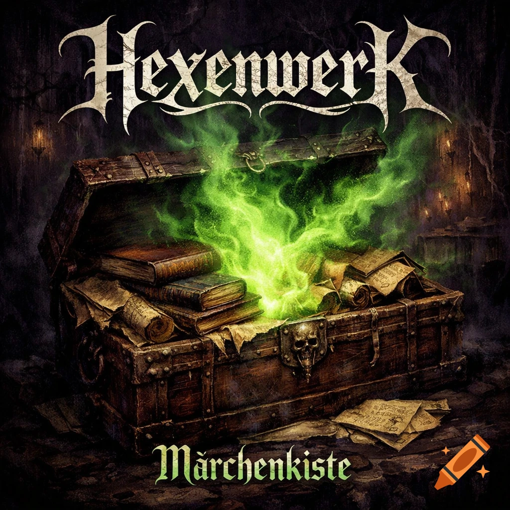 Gothic album cover featuring an old wooden chest filled with books and scrolls, emitting glowing green smoke, with text "HexenwerK" and "Märchenkiste".