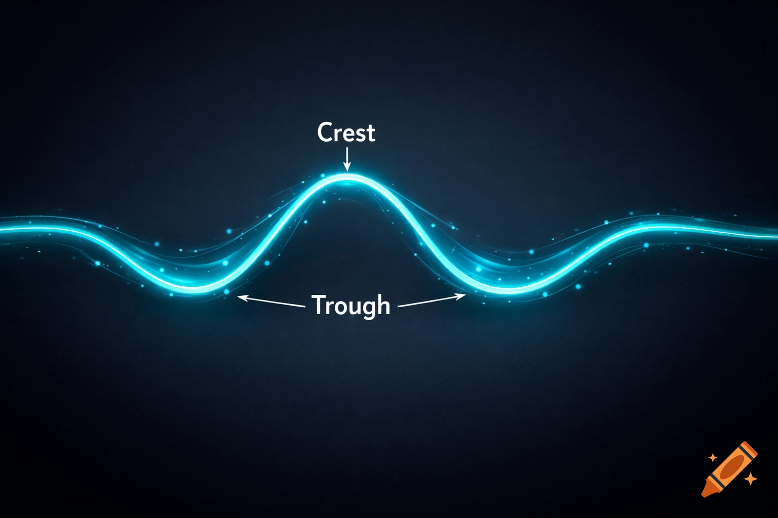A glowing blue transverse wave diagram with labels pointing to the 'Crest' and 'Trough'.