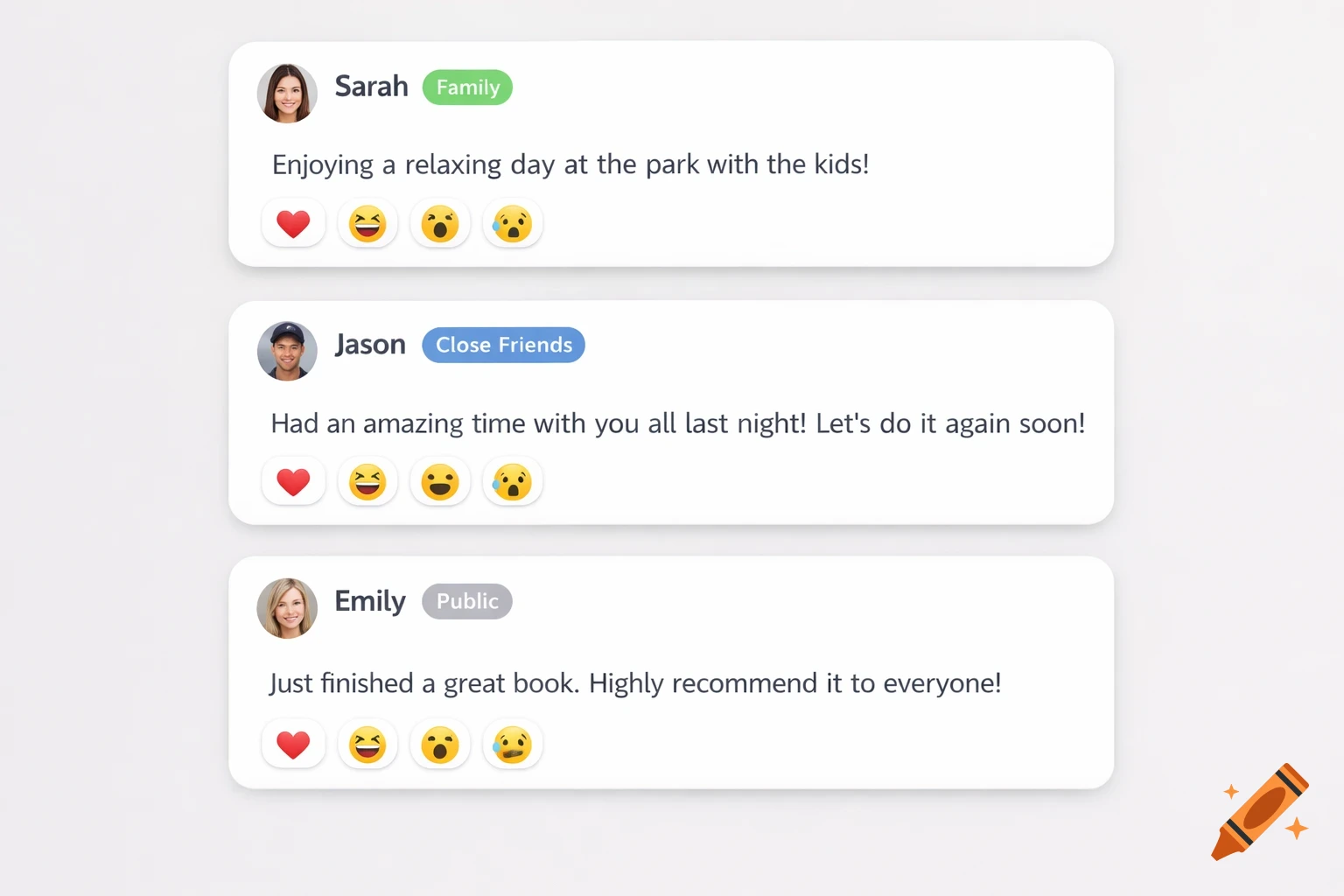 A clean, minimalist social media feed with three rounded posts showing avatars, usernames, colored badges, text content, and emoji reactions.
