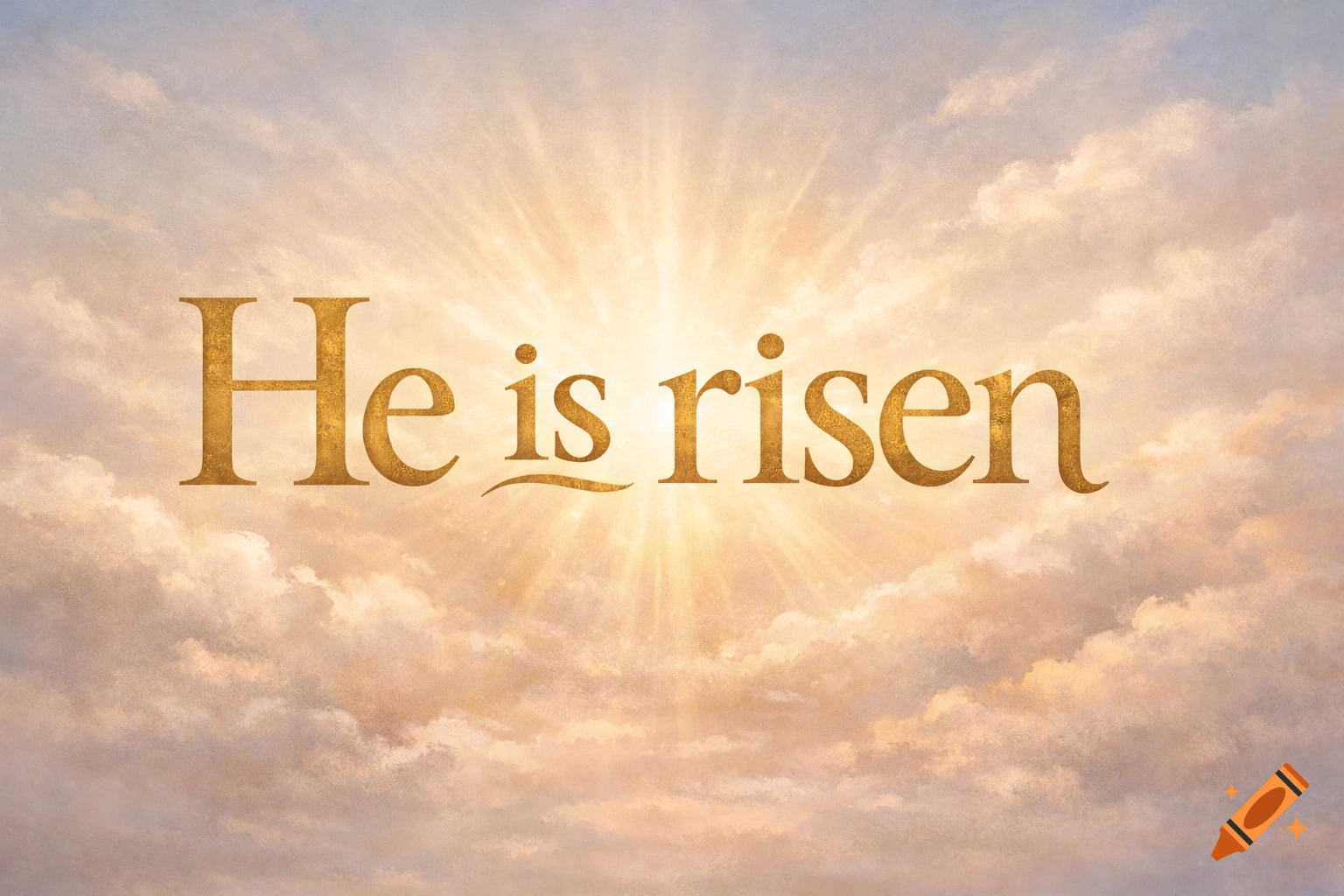 Golden text "He is risen" against a bright, cloudy sky with sunbeams.