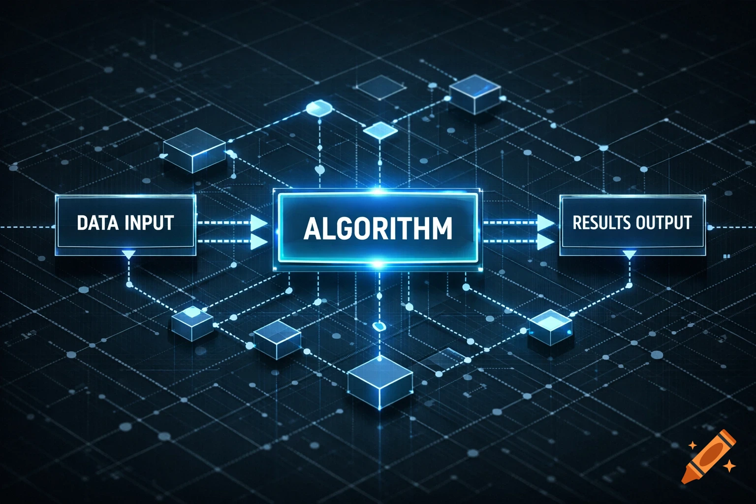 A digital diagram showing 'DATA INPUT' flowing into 'ALGORITHM' and then to 'RESULTS OUTPUT' on a glowing circuit board background.