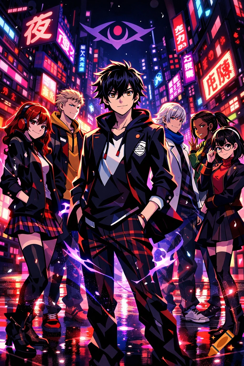 Anime characters stand in a vibrant cyberpunk city at night with glowing neon signs and reflections on the wet ground.