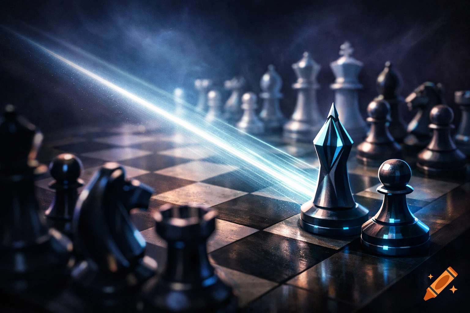 Futuristic chessboard with black and white pieces, dramatically lit by a glowing blue light beam.