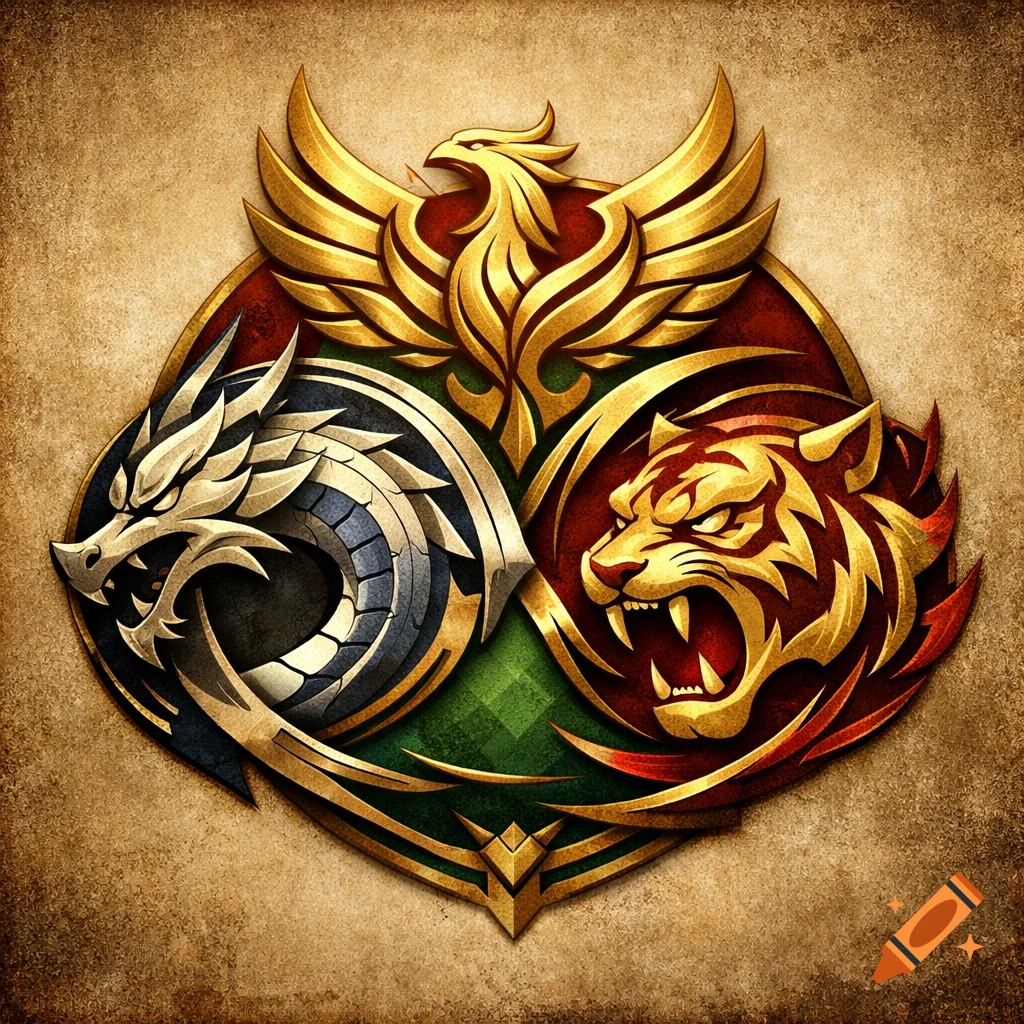 A stylized emblem with a golden phoenix, a silver dragon, and a golden tiger on a red and green background.