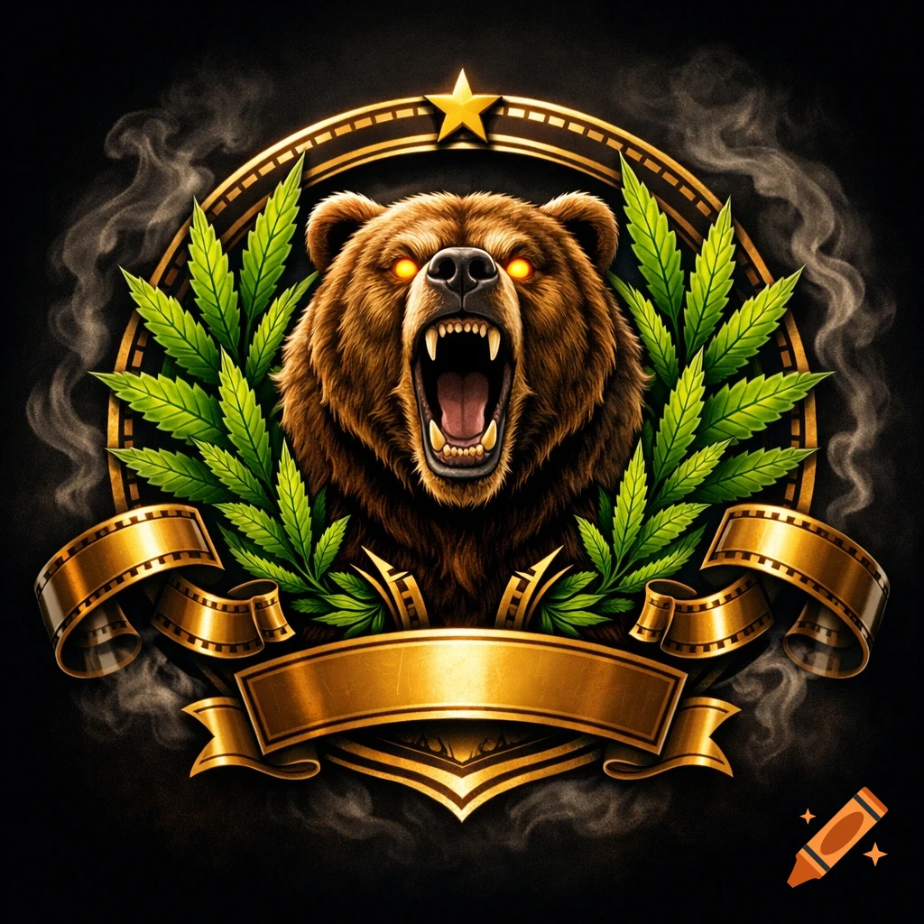 A fierce brown bear head with glowing orange eyes roaring, surrounded by green cannabis leaves and golden banners, within an elaborate golden emblem with a star, set against a smoky black background.