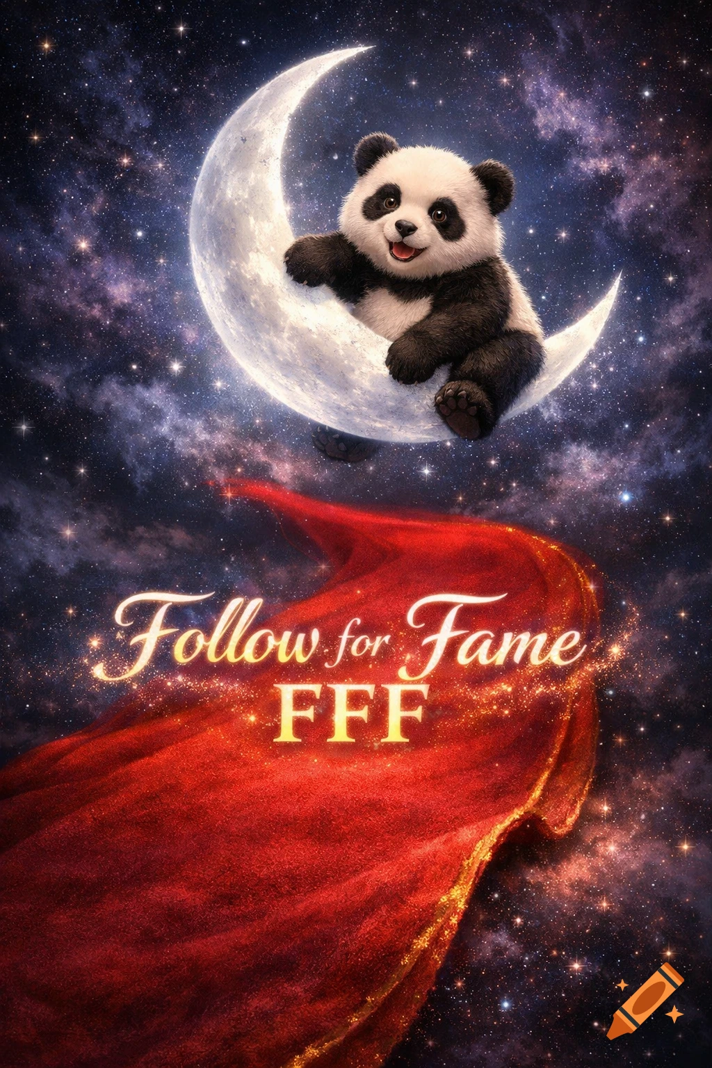 A cute panda sits on a crescent moon in a starry night sky above a flowing red fabric with sparkling 'Follow for Fame FFF' text.