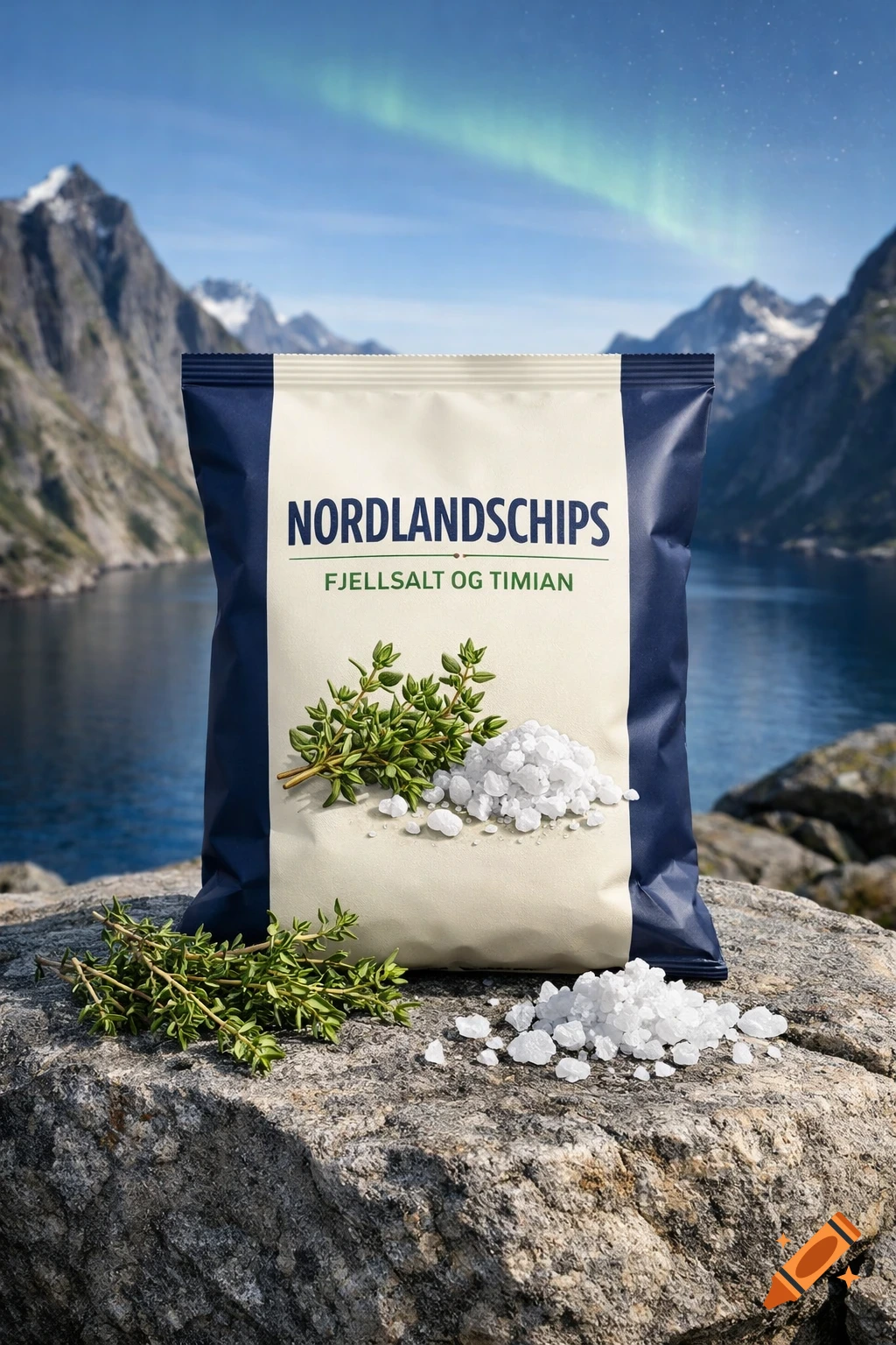 Photorealistic commercial shot of a Nordlandschips bag on a rock with thyme and salt, set against a Norwegian fjord and mountains under a faint aurora.