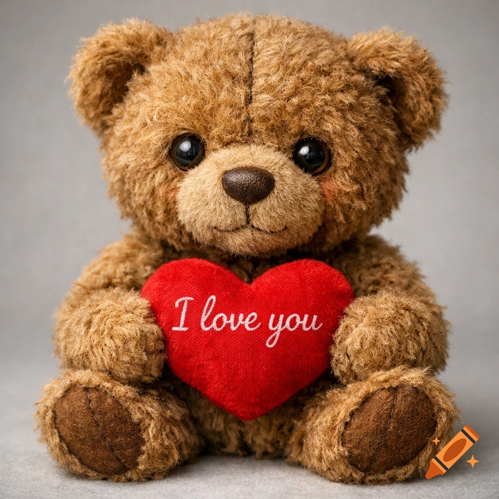 A cute brown fluffy teddy bear holding a red heart with 'I love you' written on it.