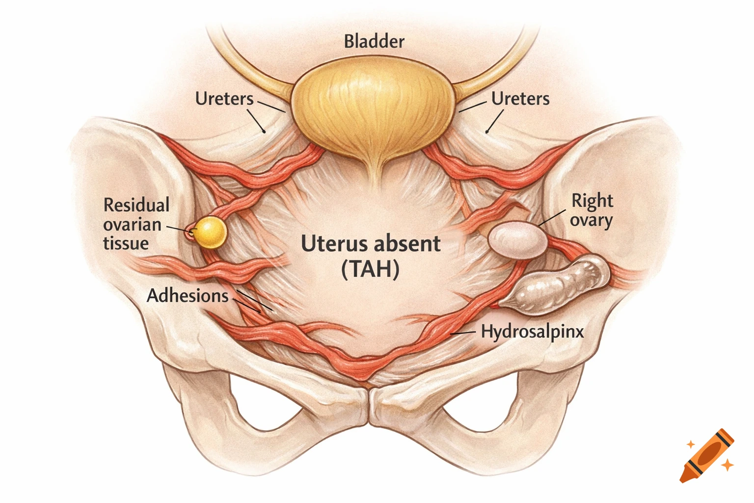 Medical illustration of female pelvic anatomy, labeled 'Uterus absent (TAH)', showing bladder, ureters, ovaries, and adhesions.